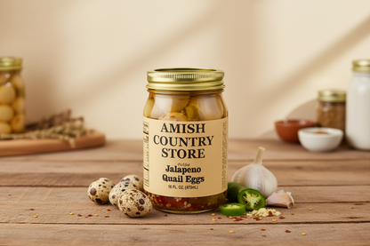Jar of Amish Country Store Jalapeno Quail Eggs on a wooden surface with ingredients.