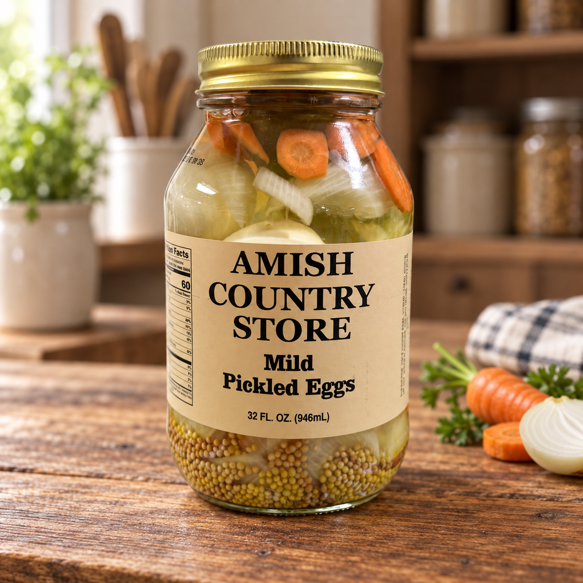 Mild Pickled Eggs with Vegetables | 32 fl oz jar on a rustic kitchen table