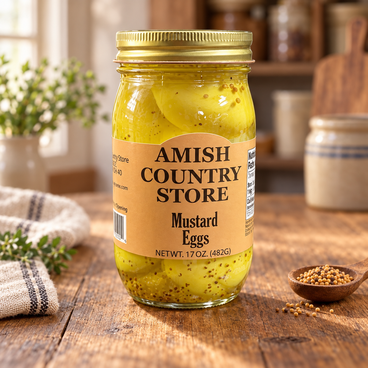 Mustard Pickled Eggs with Celery Seed | 17 oz jar on a rustic kitchen table
