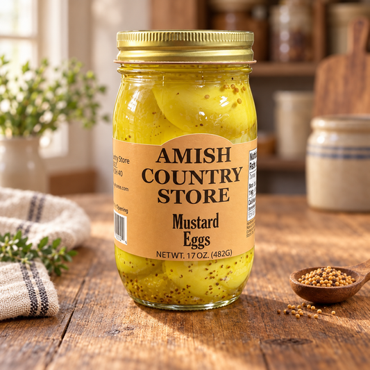 Mustard Pickled Eggs with Celery Seed | 17 oz jar on a rustic kitchen table