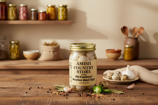 Jar of Amish Country Store eggs on a wooden table with kitchen shelves in the background