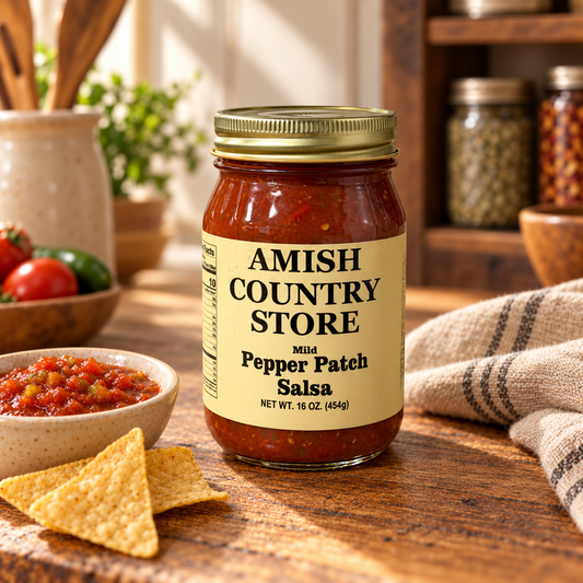 Mild Pepper Patch Salsa 16 oz jar on a warm wooden counter with salsa and tortilla chips.