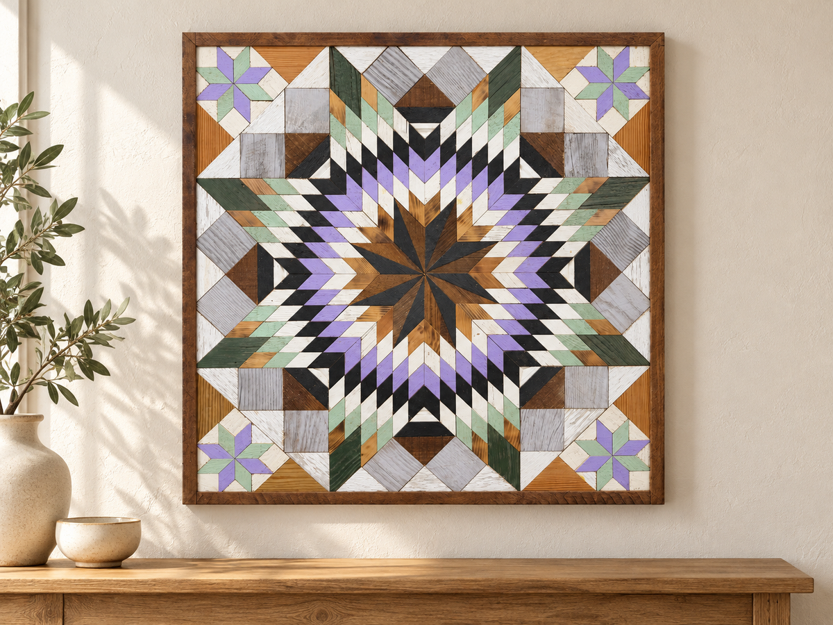 S1204 — 30.5 inch Amish barn quilt, lavender and mint starburst reclaimed wood wall art displayed above an entryway console