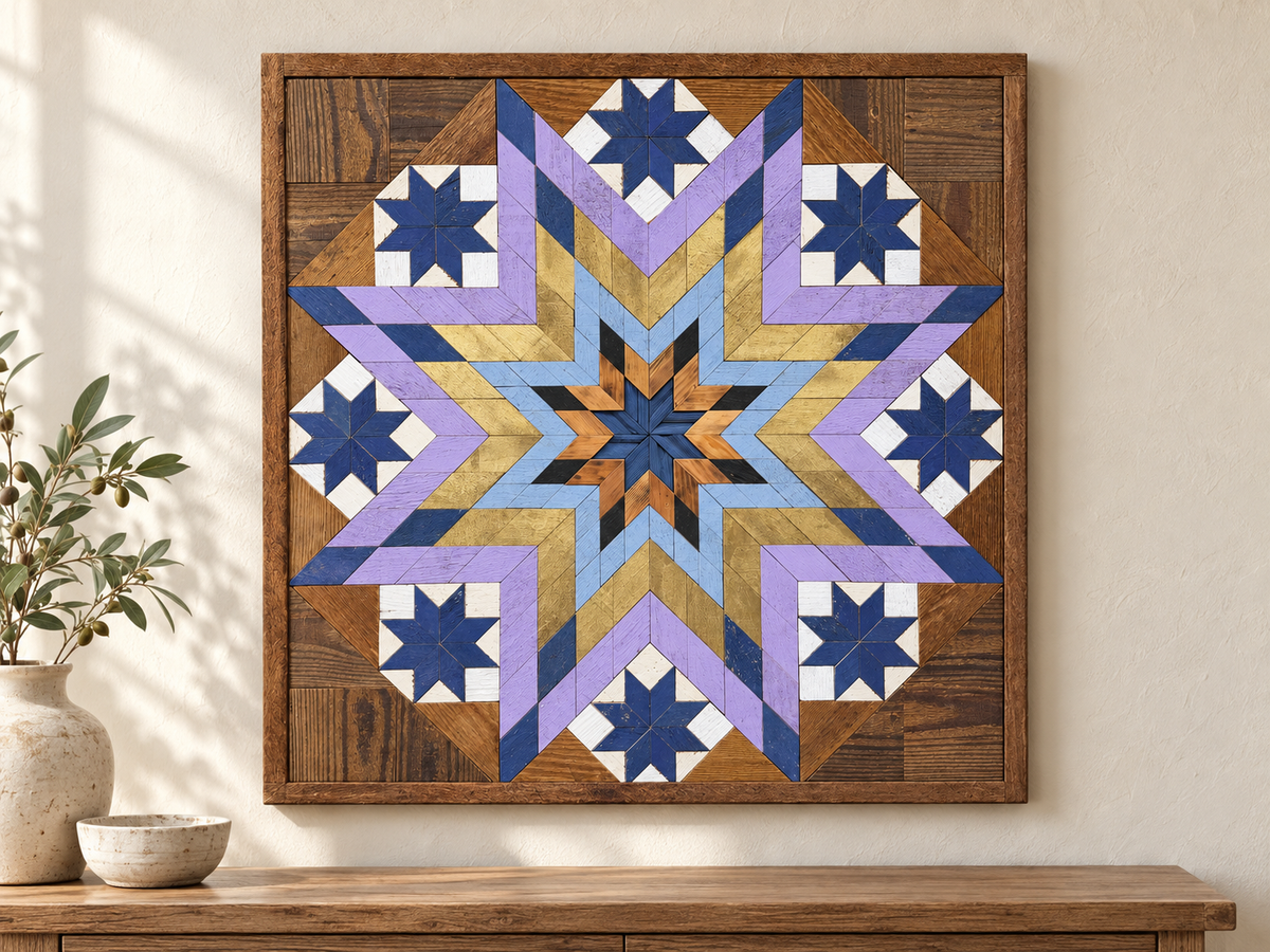S1205 — 30.5 inch Amish reclaimed wood barn quilt lavender, gold, pale blue and navy layered starburst and eight navy stars on white blocks, displayed above a console
