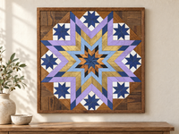 S1205 — 30.5 inch Amish reclaimed wood barn quilt lavender, gold, pale blue and navy layered starburst and eight navy stars on white blocks, displayed above a console