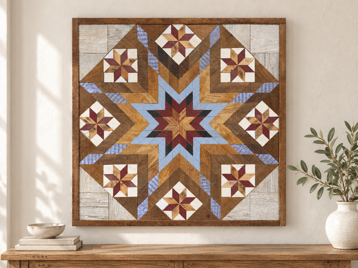 S1206 — 30.5 inch Amish reclaimed wood barn quilt burgundy, pale blue, charcoal and warm natural wood starburst and eight burgundy-and-natural-wood stars on white blocks, displayed above a console