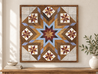 S1206 — 30.5 inch Amish reclaimed wood barn quilt burgundy, pale blue, charcoal and warm natural wood starburst and eight burgundy-and-natural-wood stars on white blocks, displayed above a console