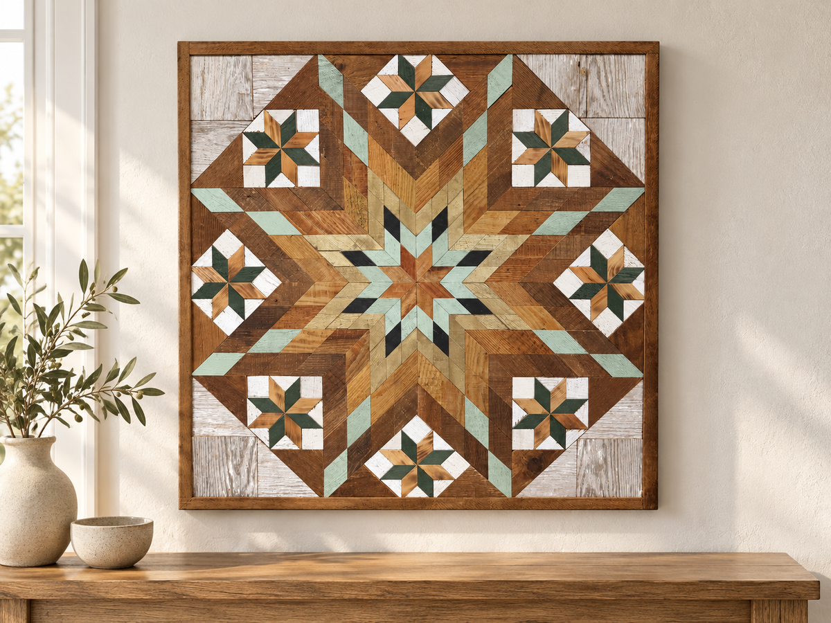 S1207 — 30.5 inch Amish reclaimed wood barn quilt mint green, gold, charcoal and warm natural wood starburst and eight forest-green-and-natural-wood stars on white blocks, displayed above a console