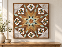 S1207 — 30.5 inch Amish reclaimed wood barn quilt mint green, gold, charcoal and warm natural wood starburst and eight forest-green-and-natural-wood stars on white blocks, displayed above a console