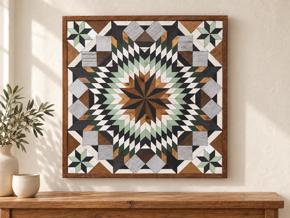 S1208 — 30.5 inch Amish reclaimed wood barn quilt mint green, forest green, charcoal, white and natural wood layered starburst and four mint-and-black corner stars, displayed above a console