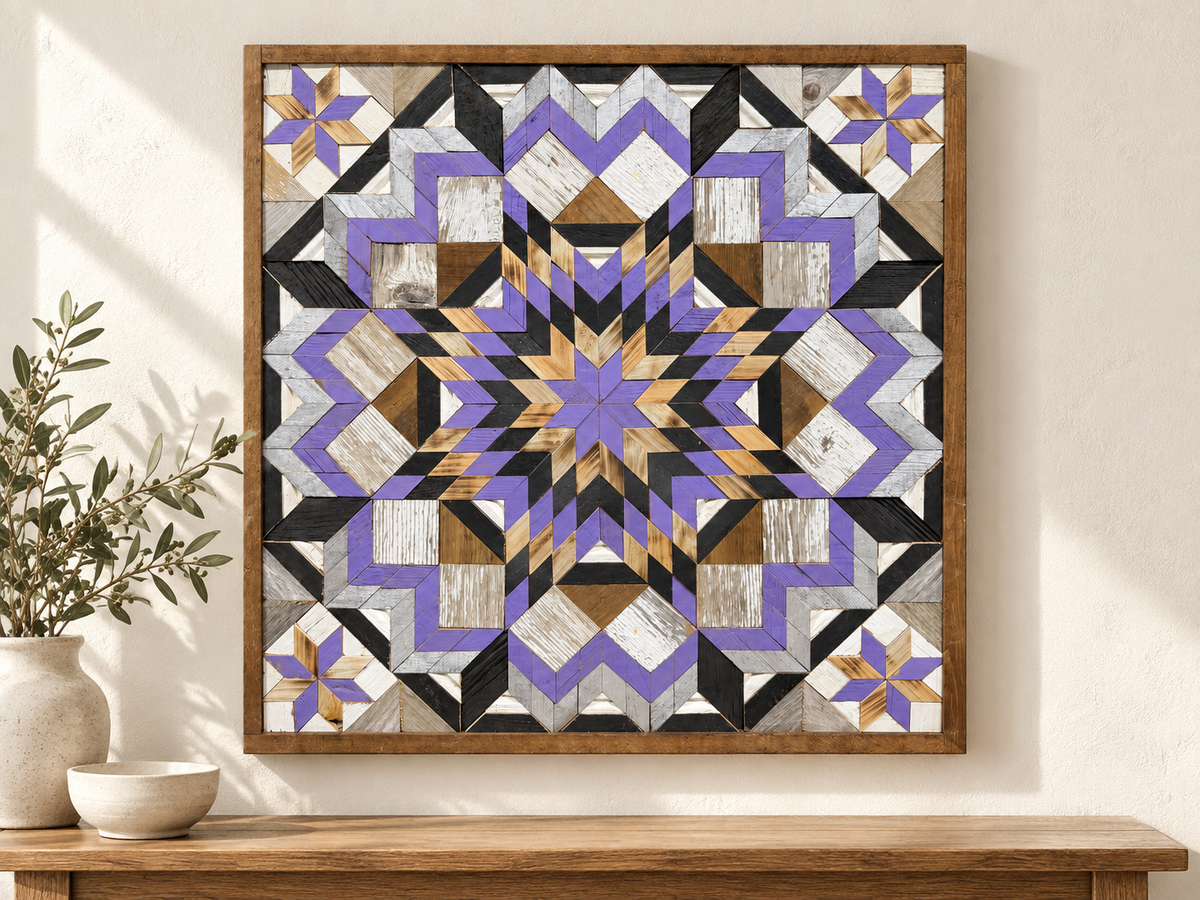 S1209 — 30.5 inch Amish reclaimed wood barn quilt lavender, charcoal, silver-gray, whitewashed and natural wood flowerburst and four lavender-and-natural-wood corner stars, displayed above a console