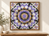 S1209 — 30.5 inch Amish reclaimed wood barn quilt lavender, charcoal, silver-gray, whitewashed and natural wood flowerburst and four lavender-and-natural-wood corner stars, displayed above a console