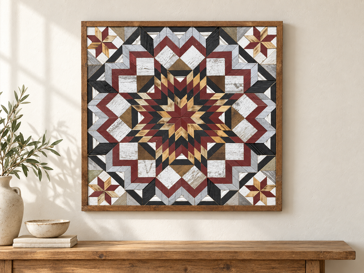 S1210 — 30.5 inch Amish reclaimed wood barn quilt burgundy, charcoal, silver-gray, whitewashed and natural wood flowerburst and four burgundy-and-natural-wood corner stars, displayed above a console