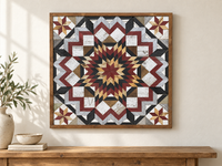 S1210 — 30.5 inch Amish reclaimed wood barn quilt burgundy, charcoal, silver-gray, whitewashed and natural wood flowerburst and four burgundy-and-natural-wood corner stars, displayed above a console
