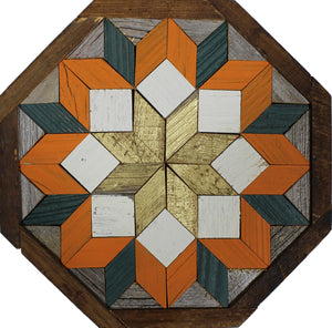 Amish Barn Quilt Wall Art, 1 by 1 - Octagon: Orange, Gold, and Green Flower