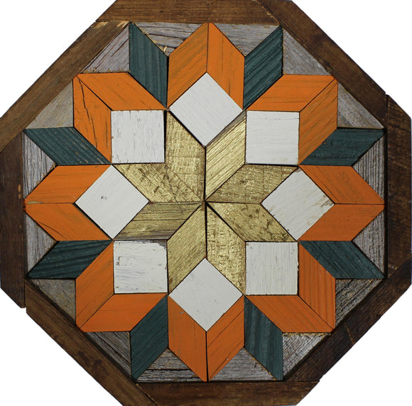 Amish Barn Quilt Wall Art, 1 by 1 - Octagon: Orange, Gold, and Green Flower