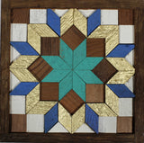 Amish Barn Quilt Wall Art, 1 by 1 - Teal, Blue, and Gold Flower