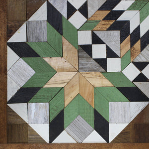 Amish Barn Quilt Wall Art, 3 by 3 Large Green, Black, and White Starburst