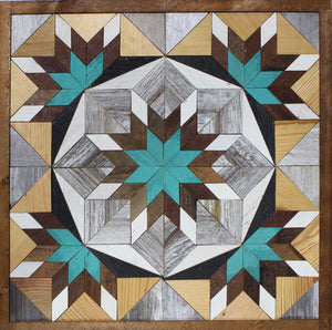 Amish Barn Quilt Wall Art, 2 by 2 Turquoise and Brown Starburst