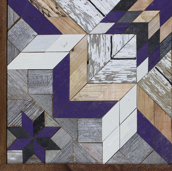 Amish Barn Quilt Wall Art, 3 by 3 Large Purple, White, and Black Flowers