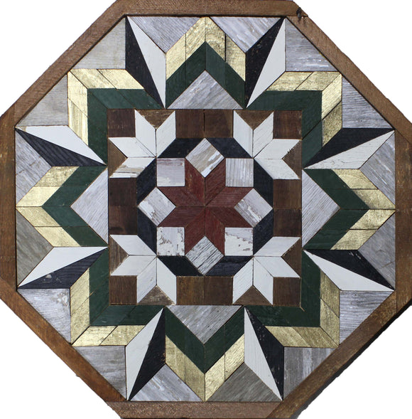 Amish Barn Quilt Wall Art, 2 by 2 Octagon: Green, Gold, and Red Starburst