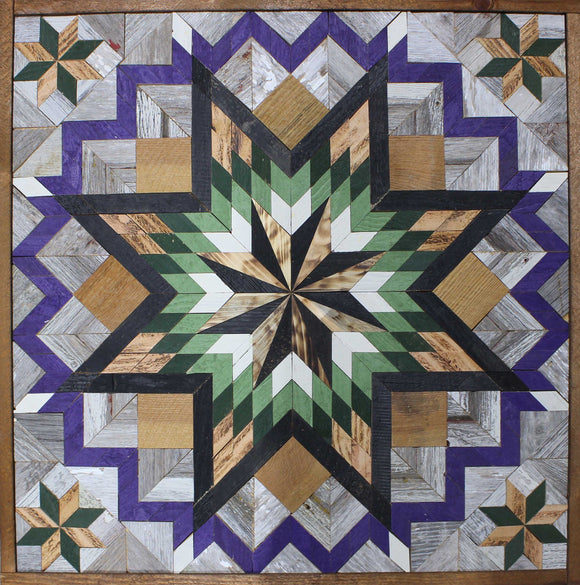 Amish Barn Quilt Wall Art, 3 by 3 Large Green and Purple Stars