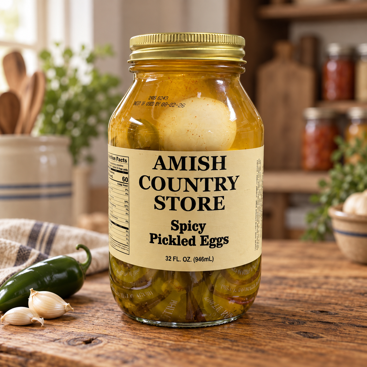 Spicy Pickled Eggs with Jalapeños | 32 fl oz jar on a rustic kitchen table
