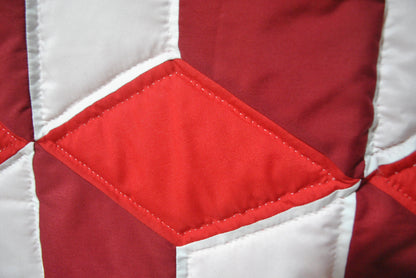 close up of handmade quilt stitching with white thread to create border