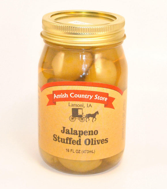 Jalapeno Stuffed Olives 16 oz - Amish Country Store- bringing Amish quality into your home.