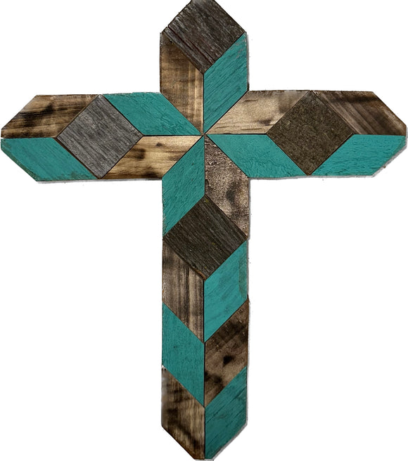 Amish Barn Quilt Wall Art, small cross, Turquoise & Tan