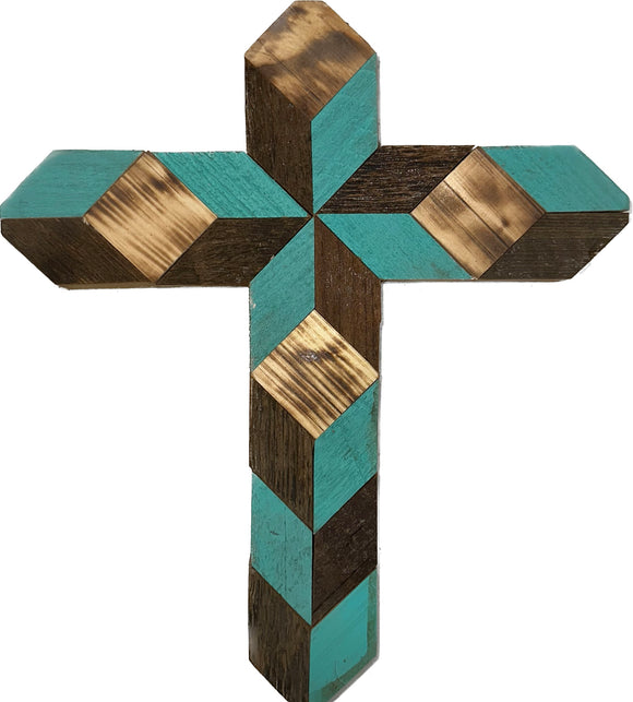 Amish Barn Quilt Wall Art, small cross, Turquoise & Brown