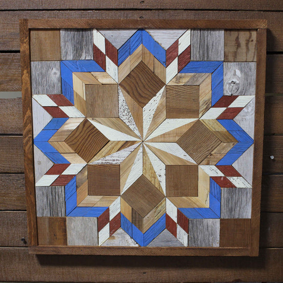 Amish Barn Quilt Wall Art, 2 by 2 Red and Blue Flower