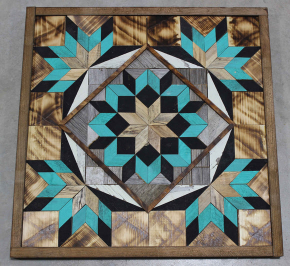 Amish Barn Quilt Wall Art, 2 by 2 Turquoise and Black Flowerburst