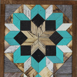 Amish Barn Quilt Wall Art, 30 by 10.5 Turquoise and Black Flowers