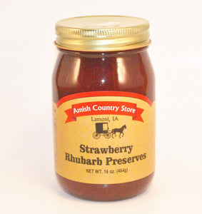 16 oz jar of Strawberry Rhubarb Preserves made from an Amish recipe